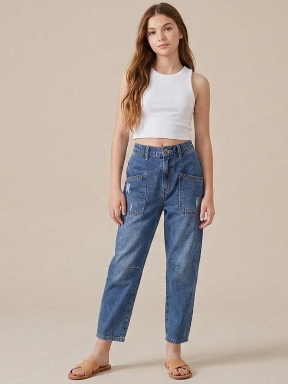 RYLEE + CRU Barrel Leg Pant Jeans Indigo 100% Cotton Oversized Pockets Size XS